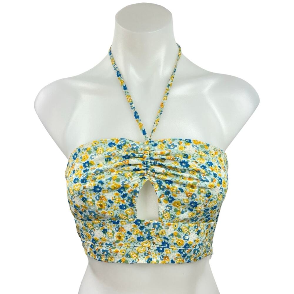 Et Clet Multi Floral Print Key Hole Front Halter Neck Smocked Back Crop Top Sz S